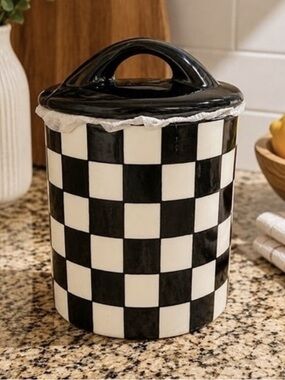 NWT Checkered Black and White Ceramic Canister with Lid - Potters Studio